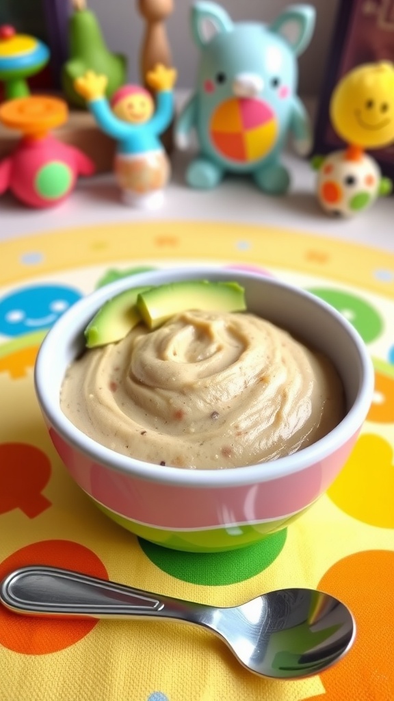 A bowl of quinoa baby food made with avocado, served with a soft spoon, surrounded by baby toys.